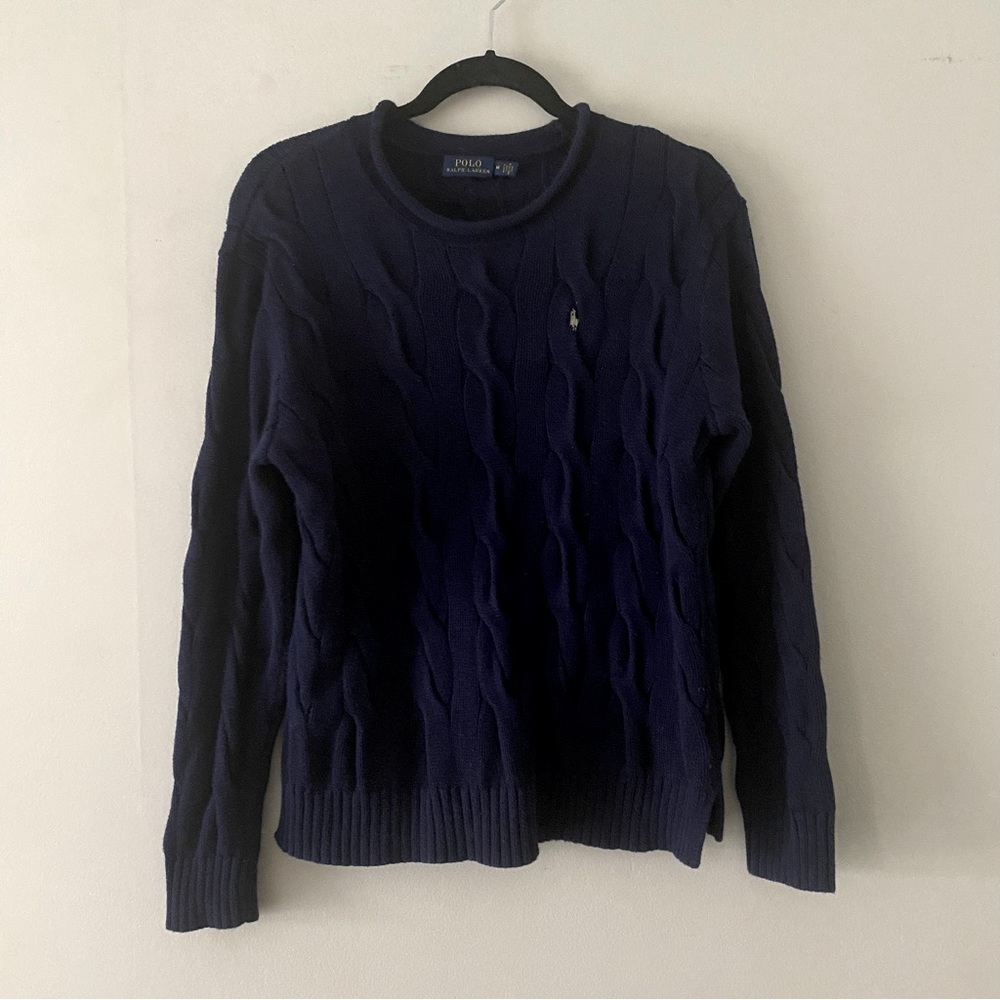 Vintage Ralph Lauren Sweater Crew Neck Cable Knit Dark Blue Y2K